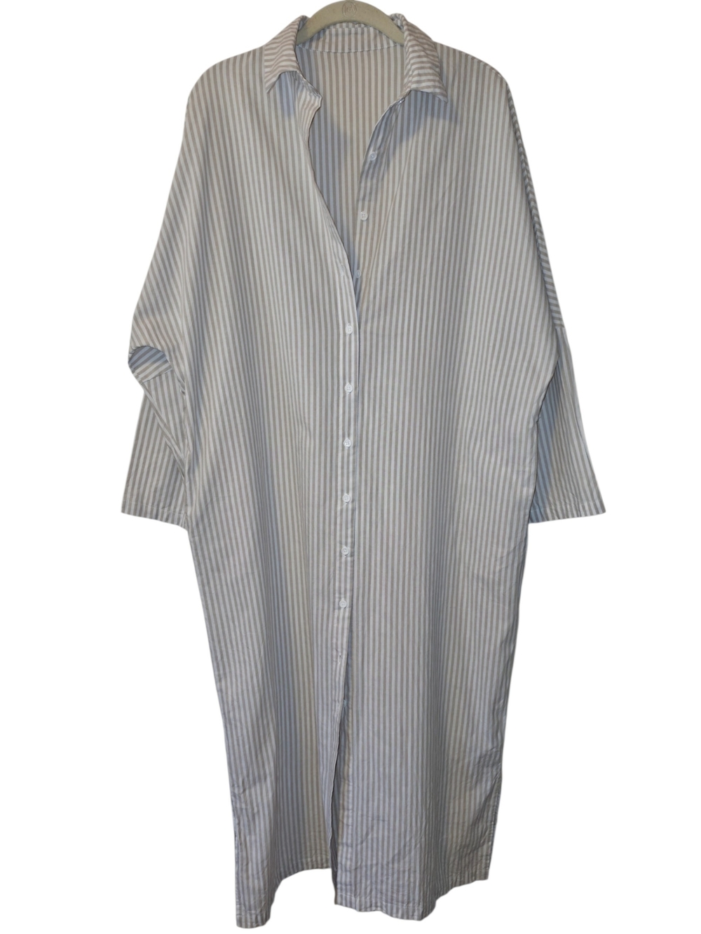 Chouyatou Striped Button-Down Long Shirt Dress Beige & White Coverup 100% Cotton - Picture 1 of 12